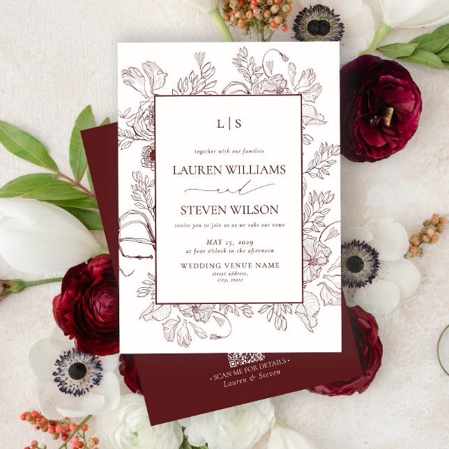 QR Code Monogram Burgundy Floral Line Art Wedding Einladung (Von Creator hochgeladen)