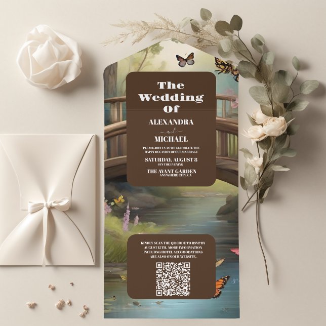 QR Code Mountain Lake Watercolor Tree Hochzeit All In One Einladung (Von Creator hochgeladen)