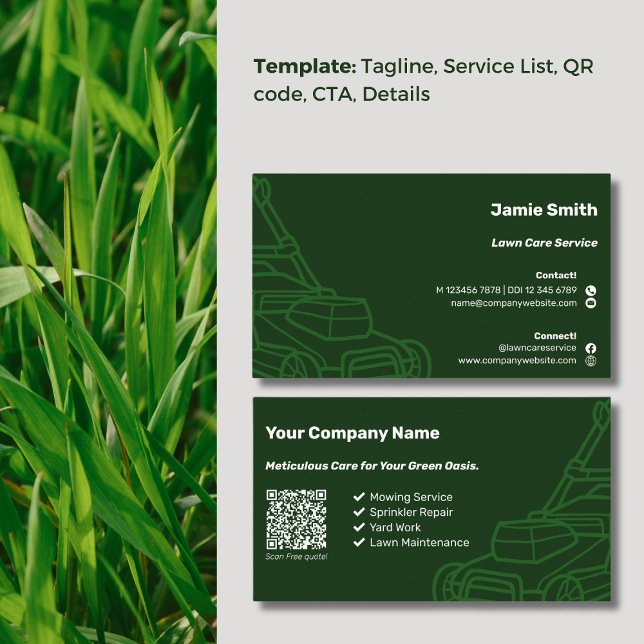 QR Code Mower Kontur Custom Dark Green Launch Care Visitenkarte (QR Code Mower Outline Custom Dark Green Lawn Care Business Card, Service List, Icons)
