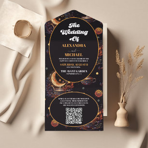 QR Code Mystical Black Gold Celestie Wedding All In One Einladung