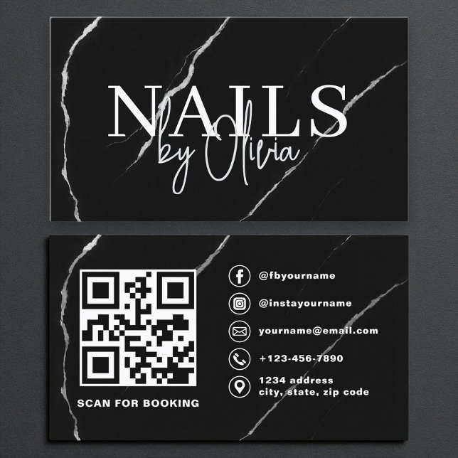 QR Code Nail Specialist Artist Black Silver Marmor Visitenkarte (Von Creator hochgeladen)