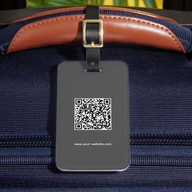 QR-Code, Name & Info, Dunkelgrau & Weiß, elegant Gepäckanhänger (Vorderseite Insitu 2)
