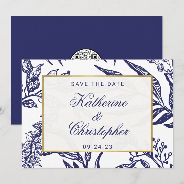QR-Code Navy Blau Botanisches Foto Save the Date (Vorne/Hinten)