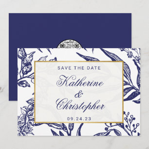 QR-Code Navy Blau Botanisches Foto Save the Date
