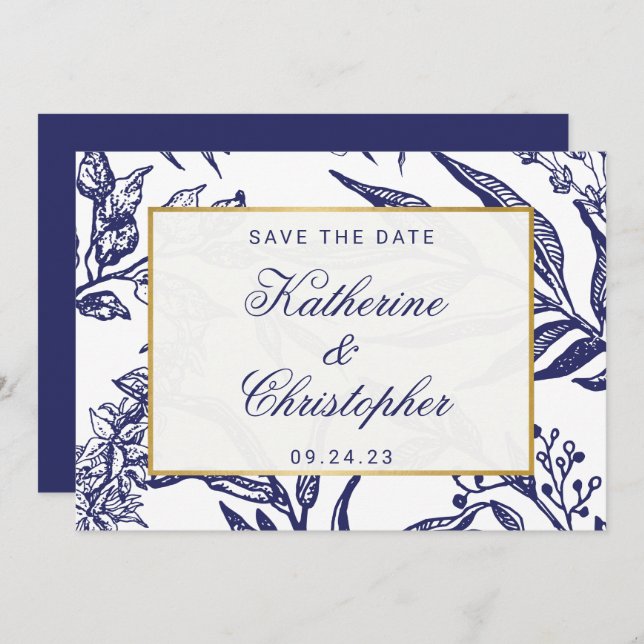 QR Code Navy Blue Botanisches Foto Save the Date (Vorne/Hinten)