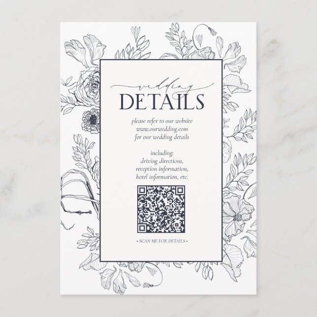 QR Code Navy Blue Floral Wedding Details Begleitkarte (Vorderseite)