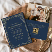 QR Code Navy Blue Gold Foto Minimalistisch Hochzei