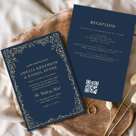 QR Code Navy Blue Gold Minimal Hochzeit Einladung