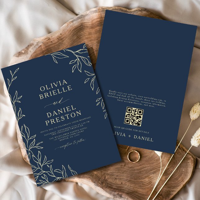 QR Code Navy Blue & Gold Minimal Leaf Hochzeit Einladung (Von Creator hochgeladen)