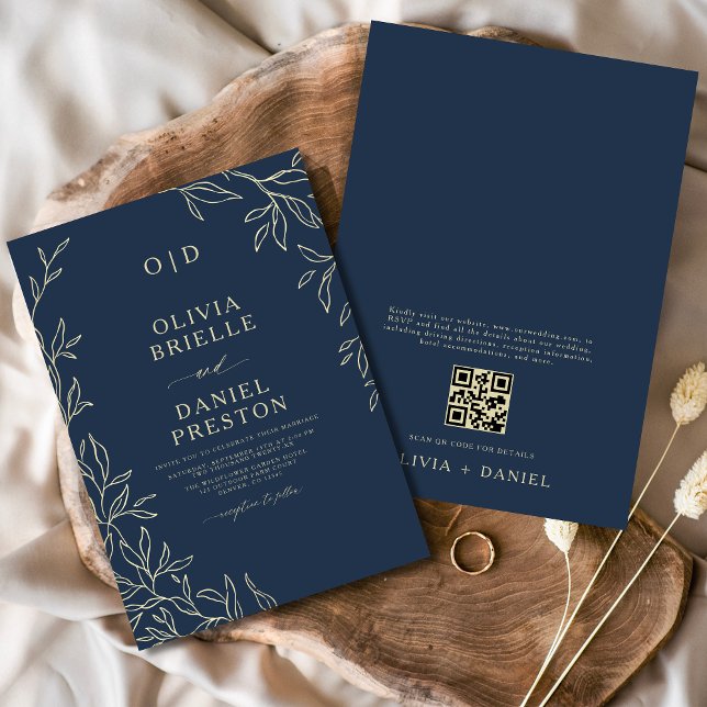 QR Code Navy Blue & Gold Minimal Leaf Hochzeit Einladung (Von Creator hochgeladen)