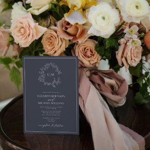 QR Code Navy Blue Leafy Wappen Monogram Wedding Einladung