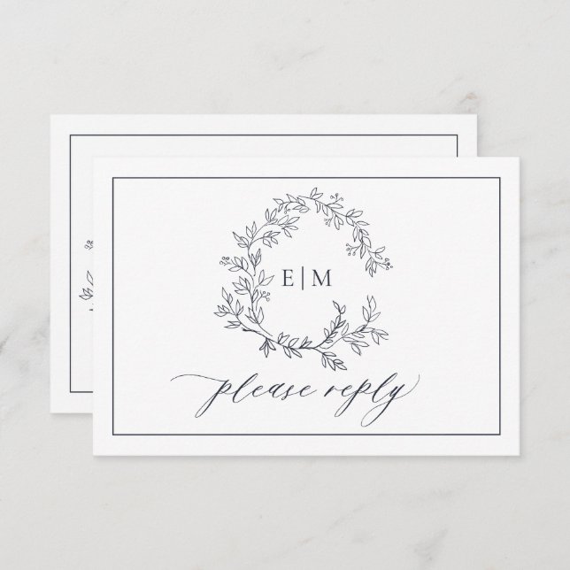 QR Code Navy Blue Leafy Wappen Monogram Wedding RSVP Karte (Vorne/Hinten)