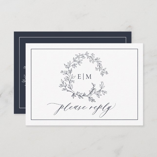 QR Code Navy Blue Leafy Wappen Monogram Wedding RSVP Karte (Vorne/Hinten)