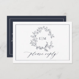 QR Code Navy Blue Leafy Wappen Monogram Wedding RSVP Karte