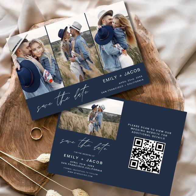 QR Code Navy Blue Save the Date 4 Foto Elegant (Von Creator hochgeladen)