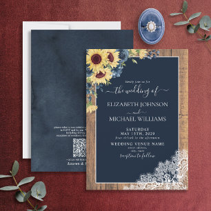 QR Code Navy Blue Sunflower Spitzen Skript Hochzei Einladung