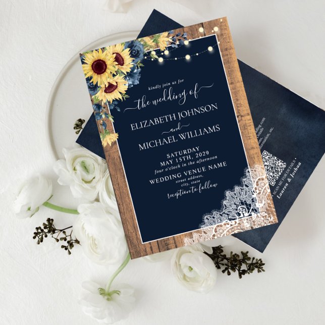 QR Code Navy Blue Sunflower Wood Lace Wedding Einladung (Von Creator hochgeladen)