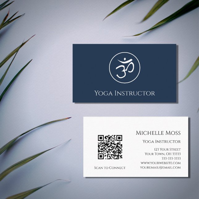 QR-Code Navy Blue Yoga Instructor Om Symbol Visitenkarte (Von Creator hochgeladen)
