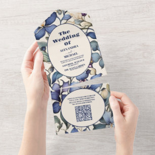 QR-Code Navy hellblau Aquarell Blumenhochzeit All In One Einladung