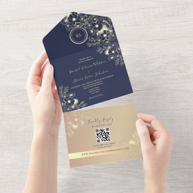 QR Code Navy Rose Gold Wedding All In One Einladung (Abreißen)