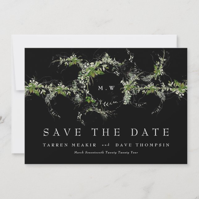 QR Code NO FOTO Eucalyptus Monogram Premium Black Save The Date (Vorderseite)