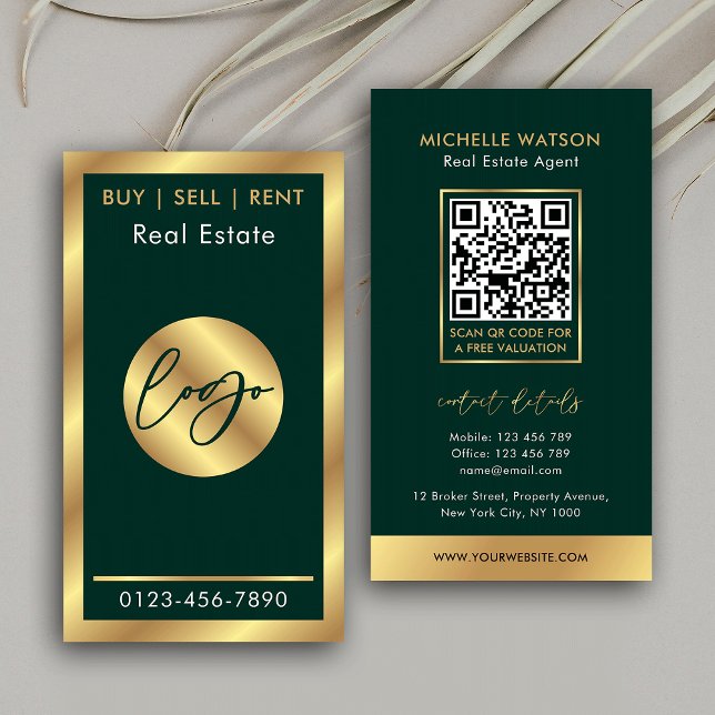 QR-Code (Notary Real Anwesen QR Code) für Green &  Visitenkarte (Emerald green and faux gold QR code business cards for realtors and sales agents)