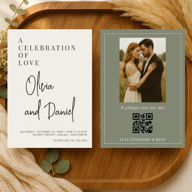 QR-Code Oliven Grün Schrift Foto Hochzeit Einladung (Von Creator hochgeladen)