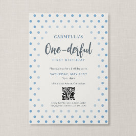 QR-Code Onederful Blau Gepunktet Erster Geburtstag Einladung