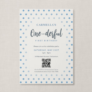 QR-Code Onederful Blau Gepunktet Erster Geburtstag Einladung