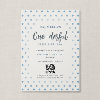 QR-Code Onederful Blau Gepunktet Erster Geburtstag Einladung