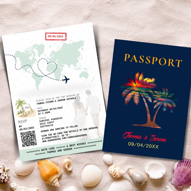 QR Code Palm Tree Passport Hochzeit Weltkarte Einladung (Von Creator hochgeladen)