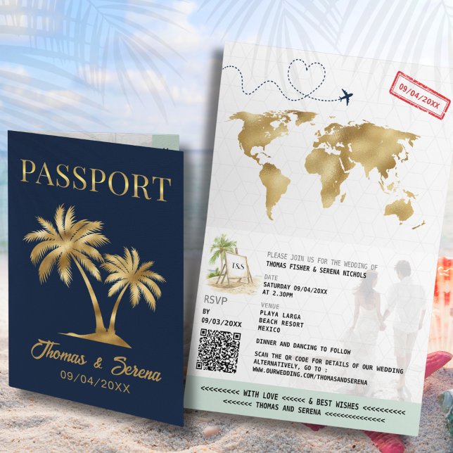 QR Code Palm Tree Passport Style Wedding Einladung (Von Creator hochgeladen)