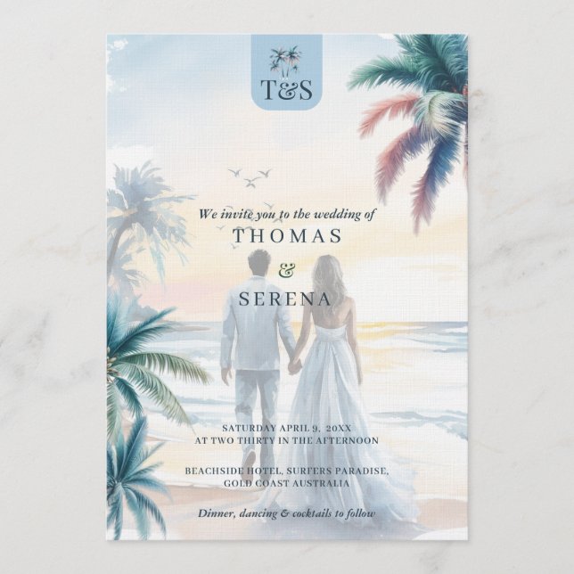 QR-Code Palmenstrand Hochzeit Reiseziel Einladung (Vorderseite)
