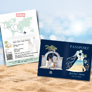 QR Code Passport Beach Wedding World Map Einladung