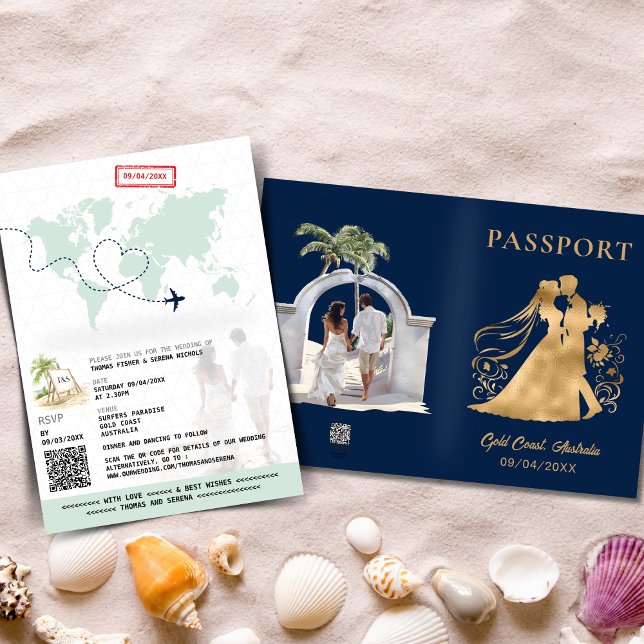 QR Code Passport Beach Weltkarte Navy Blue Gold Einladung (Von Creator hochgeladen)