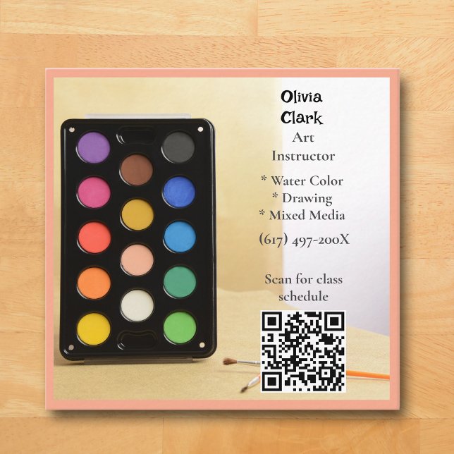 QR Code Peach Artist Tutor Educator Art teacher  Quadratische Visitenkarte (Peach Art Business Card )