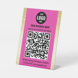 QR Code Pedestzeichen für rosa & goldenes Geschäft Sockelschild