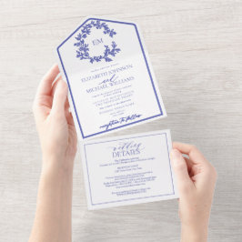 QR Code Periwinkle Leafy Wappen Monogram Wedding All In One Einladung