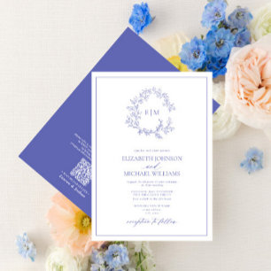 QR Code Periwinkle Leafy Wappen Monogram Wedding Einladung