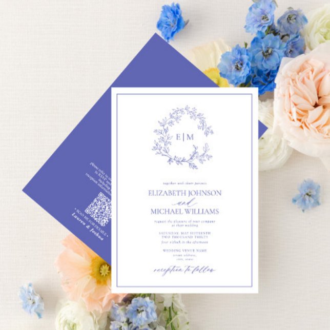QR Code Periwinkle Leafy Wappen Monogram Wedding Einladung (Von Creator hochgeladen)