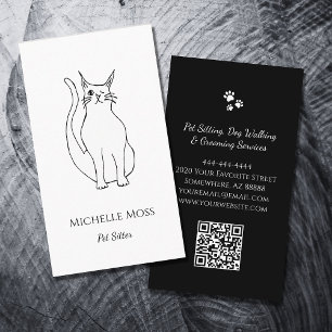 QR-Code Pet Sitter Niedlich Winking Cat Schwarz-we Visitenkarte