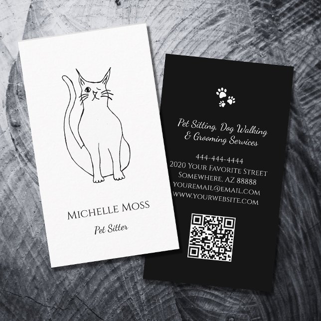 QR-Code Pet Sitter Niedlich Winking Cat Schwarz-we Visitenkarte (Von Creator hochgeladen)