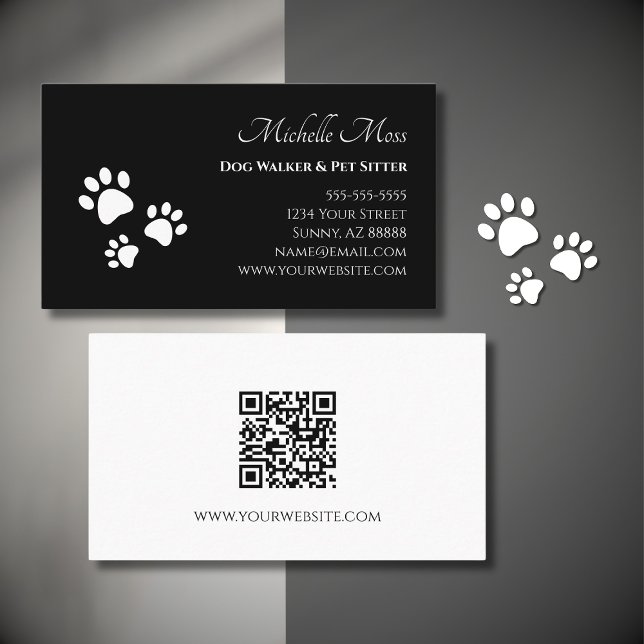 QR-Code Pet Sitter Paw Prints Schwarz-weiß Visitenkarte (Von Creator hochgeladen)
