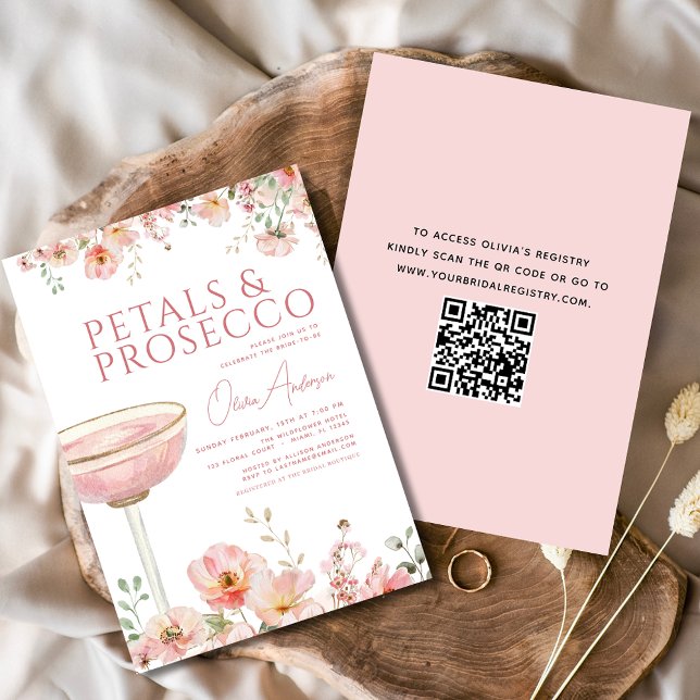 QR Code Petals & Prosecco Blush Brautparty Einladung (Von Creator hochgeladen)