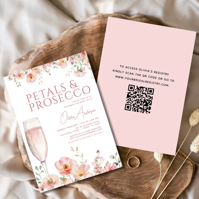 QR Code Petals & Prosecco Blush Brautparty Einladung (Von Creator hochgeladen)