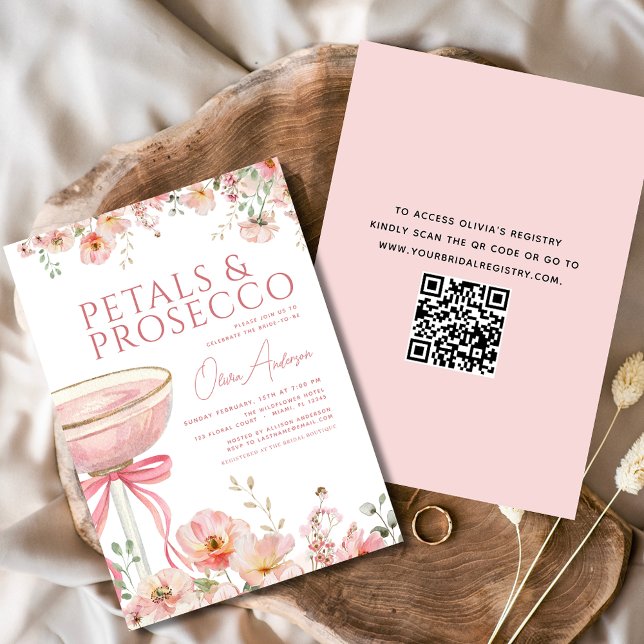 QR Code Petals & Prosecco Pink Bow Brautparty Einladung (Von Creator hochgeladen)