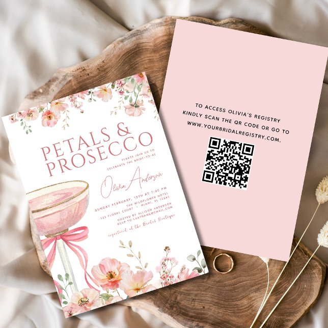 QR Code Petals & Prosecco Pink Bow Brautparty Einladung (Von Creator hochgeladen)