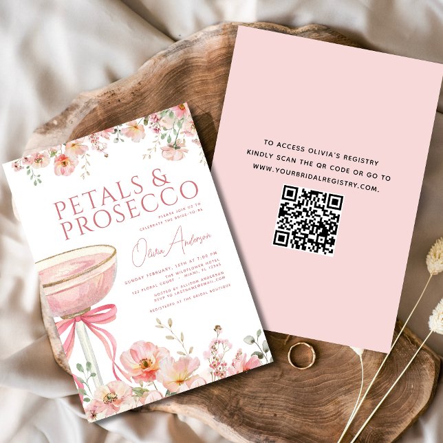 QR Code Petals & Prosecco Pink Bow Brautparty Einladung (Von Creator hochgeladen)