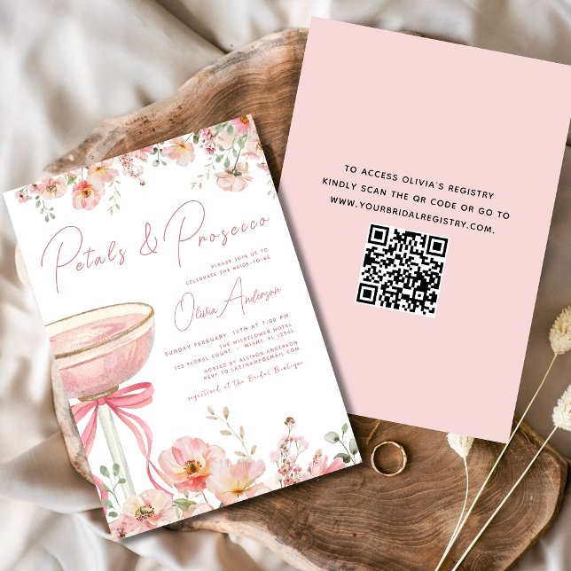 QR Code Petals & Prosecco Pink Bow Brautparty Einladung (Von Creator hochgeladen)