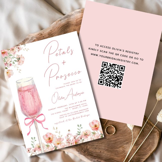 QR Code Petals & Prosecco Pink Bow Brautparty Einladung (Von Creator hochgeladen)